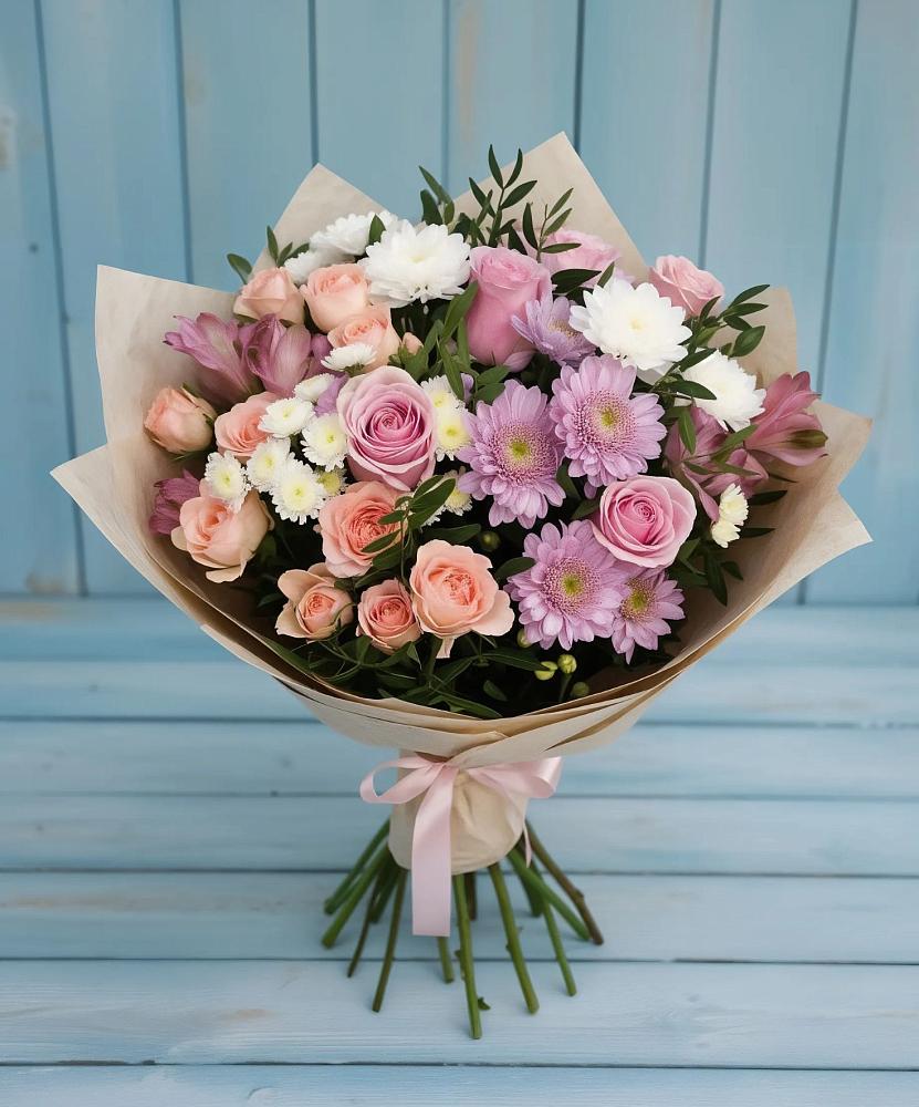 Букет цветов из: Хризантемы, Розы и Альстромерии в Аликоновке