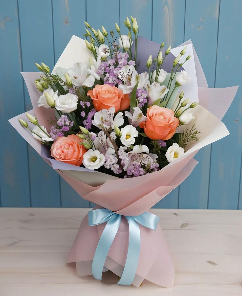 Букет цветов из: Лизиантусы, Розы, Альстромерии и Гипсофила в Аликоновке