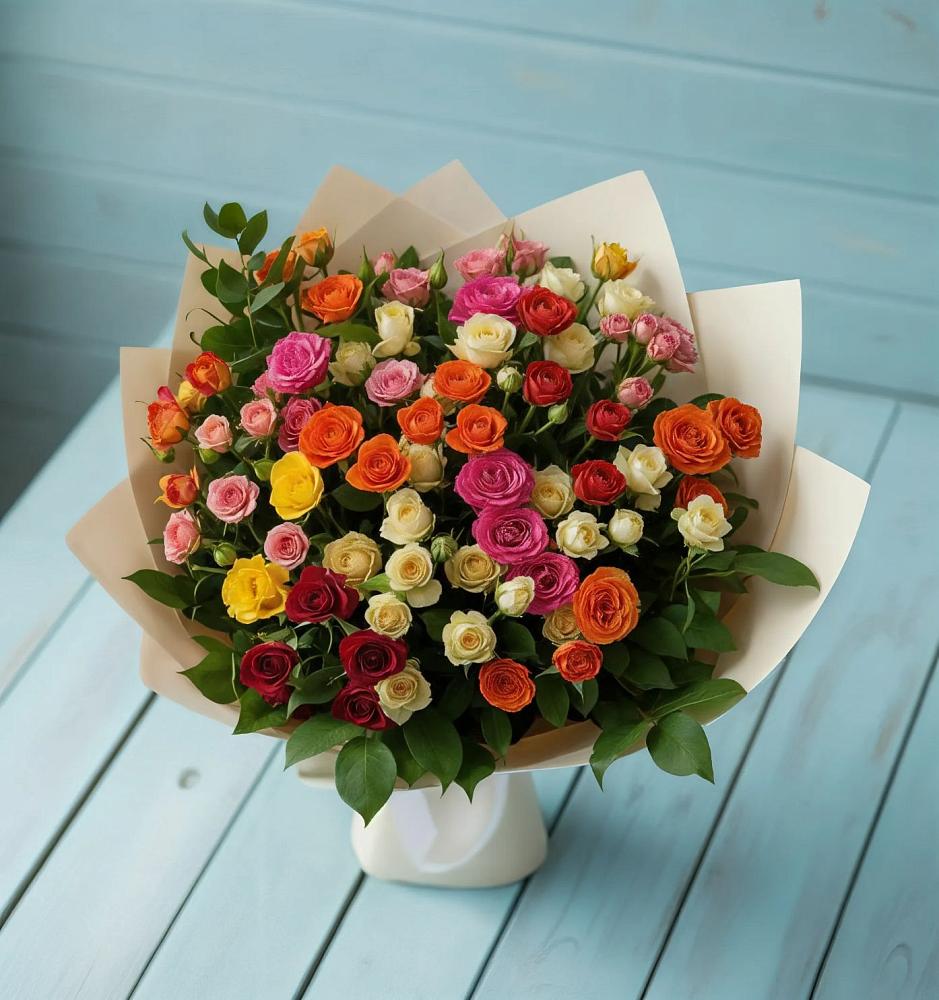 Букет Микс из разноцветных кустовых роз в Аликоновке