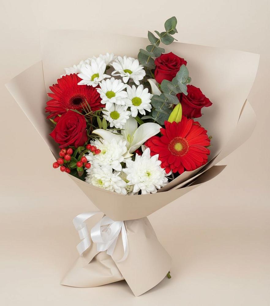 Букет цветов из: Розы, Хризантемы, Герберы и Лилии в Аликоновке